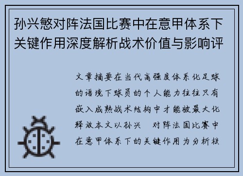 孙兴慜对阵法国比赛中在意甲体系下关键作用深度解析战术价值与影响评估 孙兴慜对阵法国比赛中在意甲体系下关键作用深度解析战术价值与影响评估