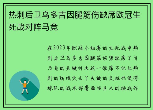 热刺后卫乌多吉因腿筋伤缺席欧冠生死战对阵马竞